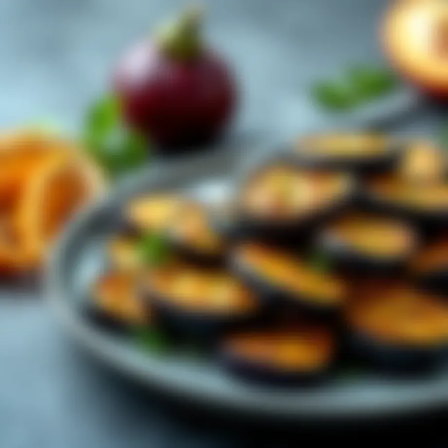 A beautifully arranged plate of air-fried eggplant slices, showcasing their golden texture and crispy edges.