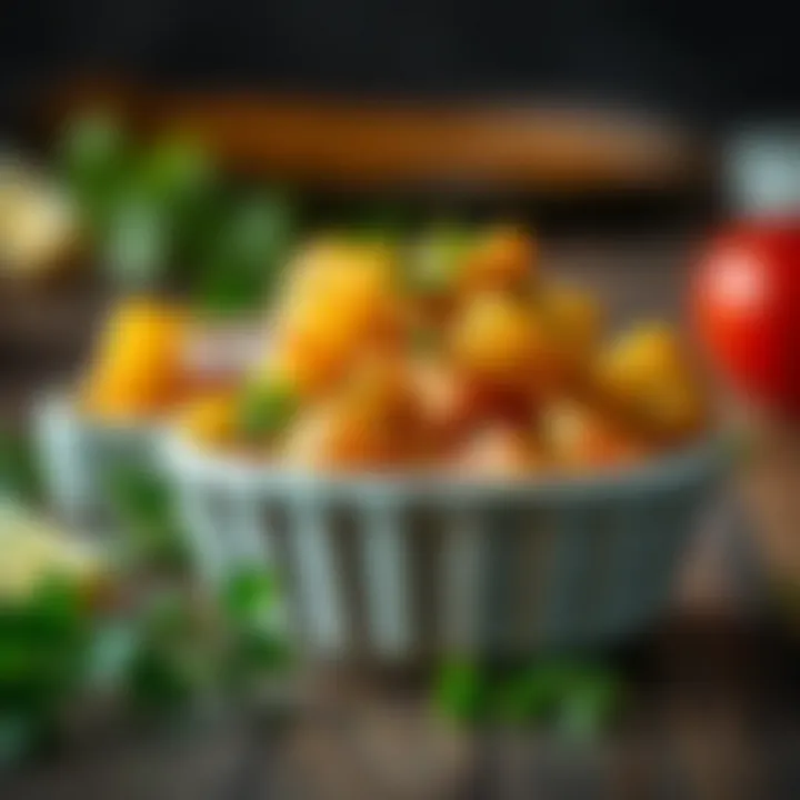 Freshly garnished air fried potato cubes