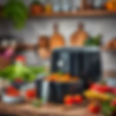 A vibrant kitchen scene featuring an air fryer alongside fresh ingredients, illustrating the healthy cooking environment.