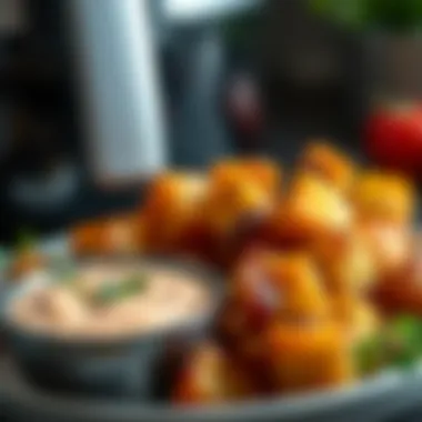 A serving of air fryer potato cubes alongside a dip