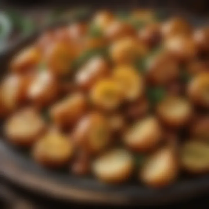 Close-up of crispy air-fried spiced potatoes garnished with herbs