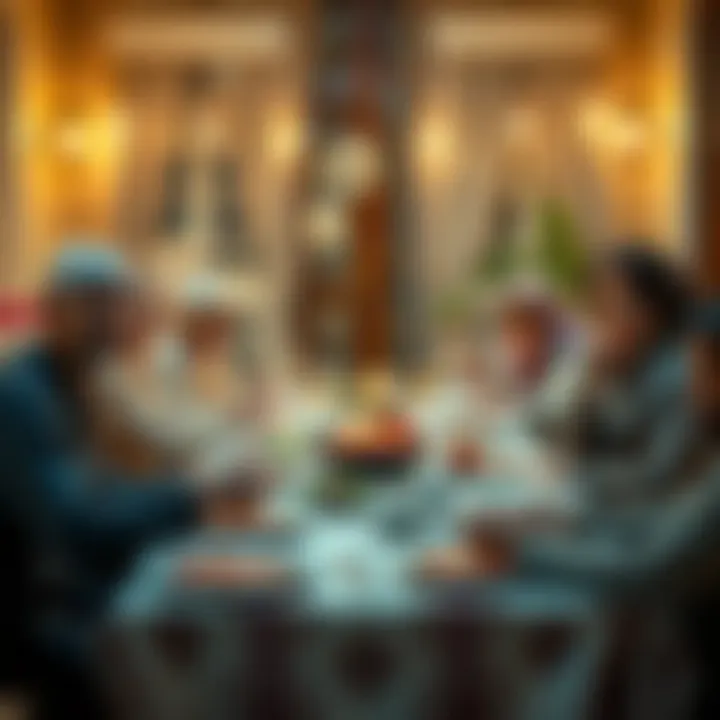 A family gathering around the iftar table, sharing meals and stories.