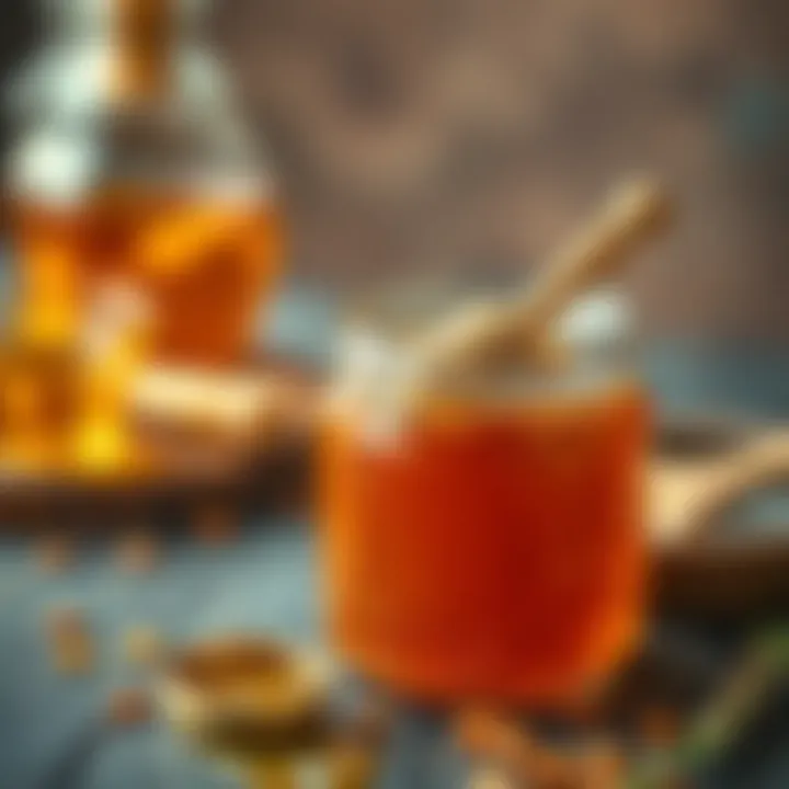 Golden Anzer honey in a jar with a wooden dipper