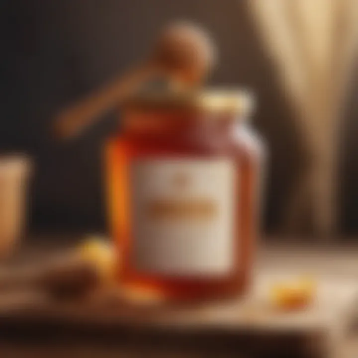 An elegant jar of Anzer honey presented with a wooden dipper