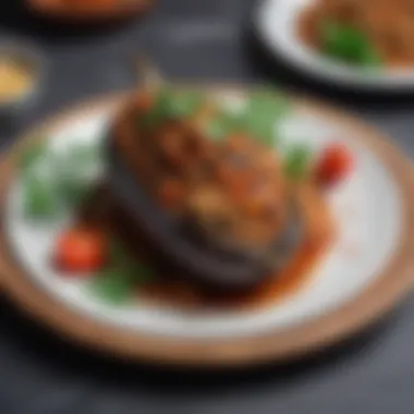 Savory Elegance: Stuffed Dried Eggplant Presentation Finished dish of dried eggplant stuffed with a savory mixture, elegantly presented.