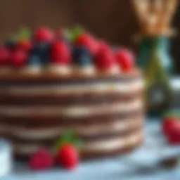 Decadent chocolate layer cake adorned with fresh berries