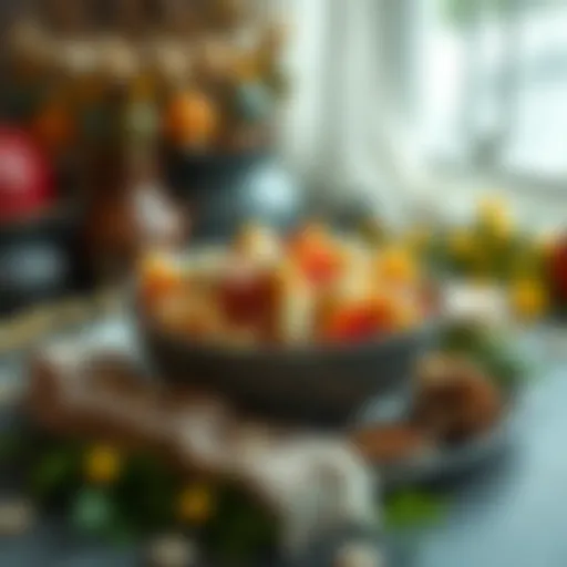 A bowl of Aşure surrounded by traditional decorations