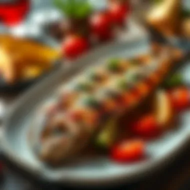 Delicately Grilled Fish Presentation A beautifully presented dish of grilled fish with garnishes