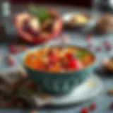 A vibrant bowl of Aşure topped with nuts and pomegranate seeds