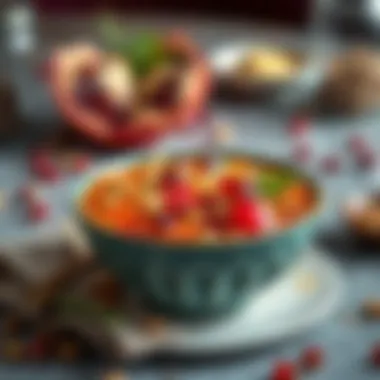 A vibrant bowl of Aşure topped with nuts and pomegranate seeds