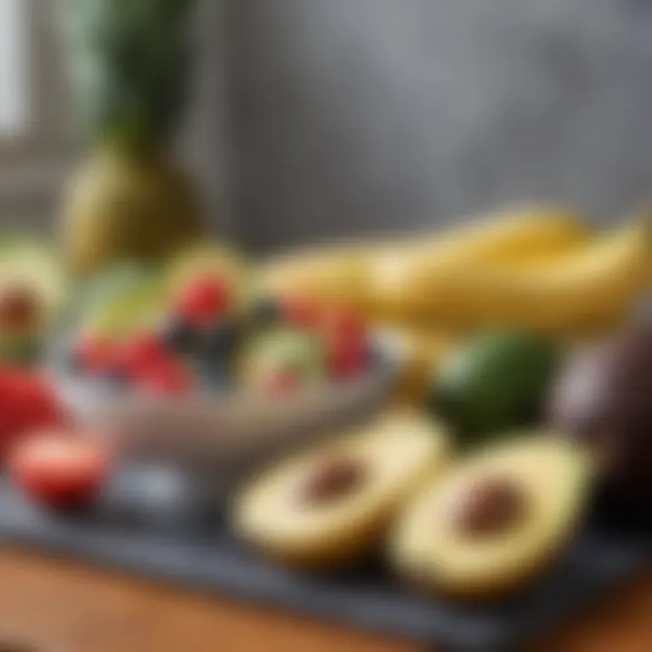 A fresh fruit bowl showcasing bananas and avocados.