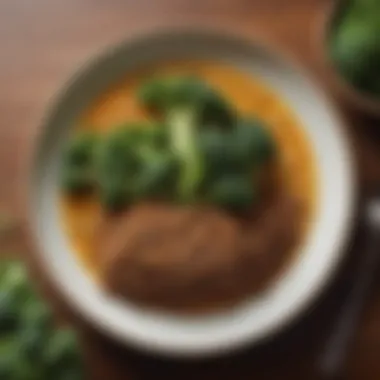 A close-up of a colorful plate featuring lentils and broccoli.