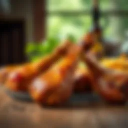 Close-up of chicken drumsticks on a wooden table.