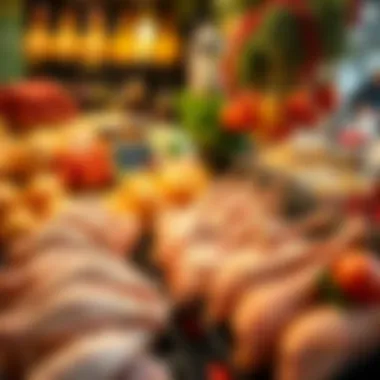 Market display of fresh chicken products.