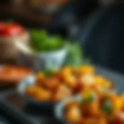 A plate of spicy air-fried potatoes garnished with herbs