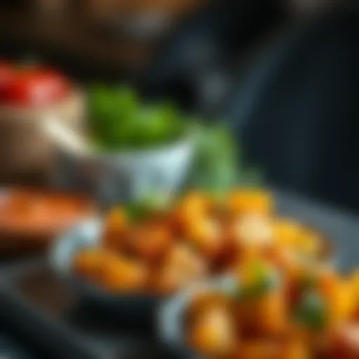 Spicy Air-Fried Potatoes Presentation A plate of spicy air-fried potatoes garnished with herbs