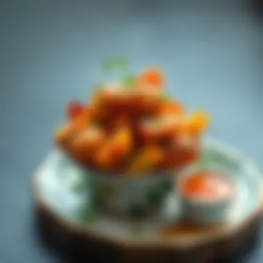 Vibrant Serving of Spicy Potatoes with Dip A vibrant serving of spicy potatoes with a dip on the side