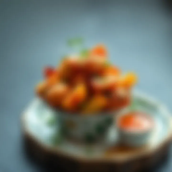 Vibrant Serving of Spicy Potatoes with Dip A vibrant serving of spicy potatoes with a dip on the side