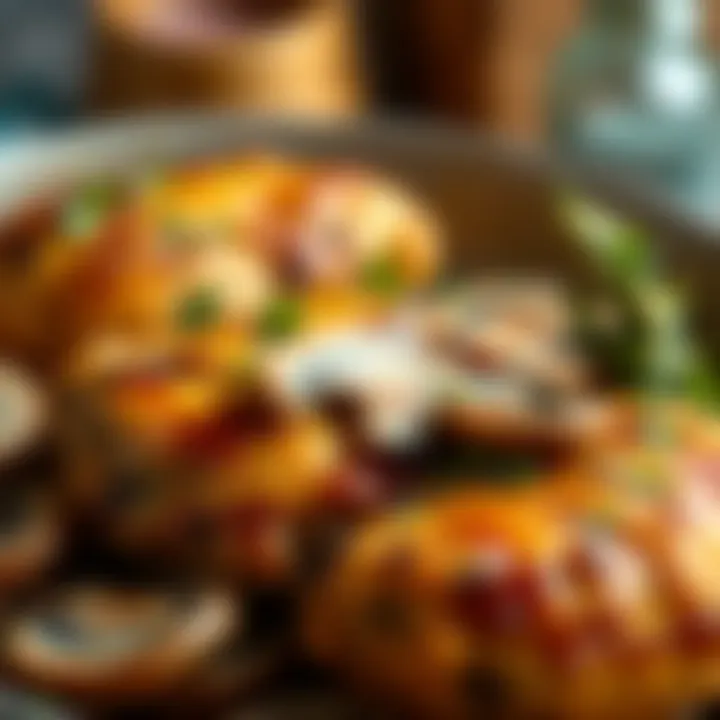 Close-Up of Baked Chicken and Oyster Mushrooms A close-up view of perfectly baked chicken and oyster mushrooms