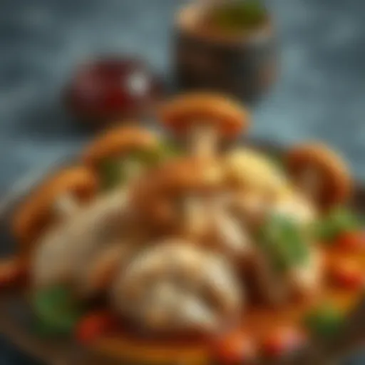 Oyster mushrooms elegantly arranged with chicken