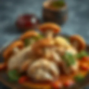 Elegant Presentation of Chicken and Oyster Mushrooms Oyster mushrooms elegantly arranged with chicken