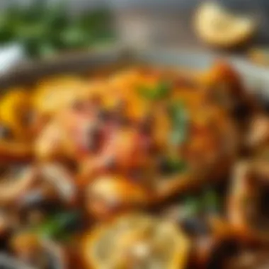 Herb-Infused Baked Chicken with Oyster Mushrooms A dish showcasing baked chicken and oyster mushrooms with herbs