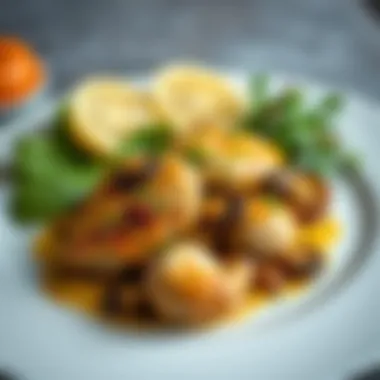 Beautifully Plated Chicken and Oyster Mushroom Dish A beautifully plated serving of chicken and oyster mushroom dish