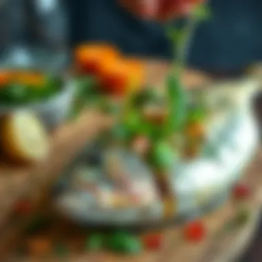 Fish being garnished with fresh herbs and spices