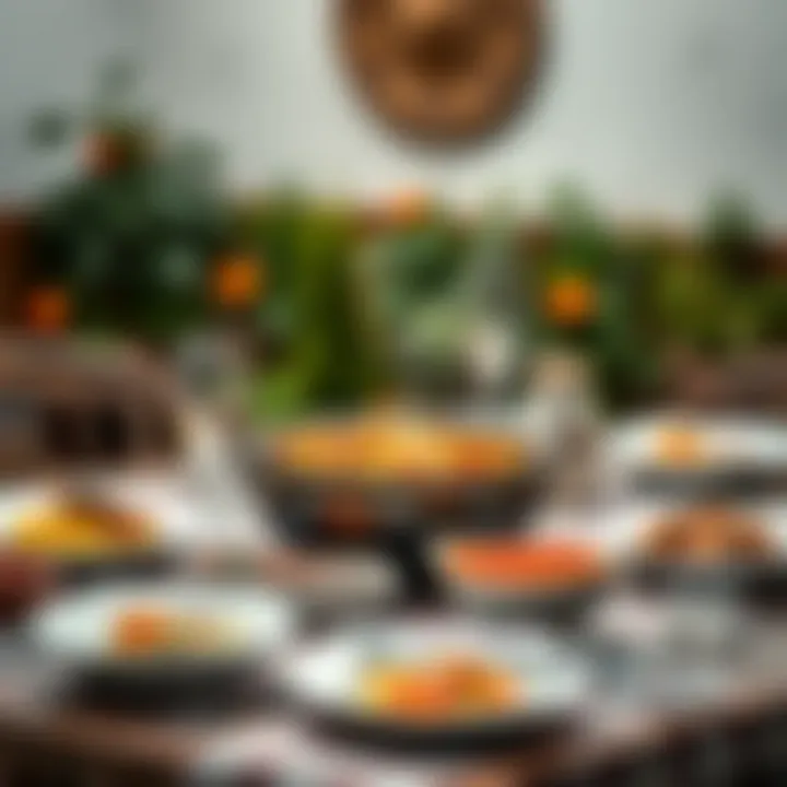 A beautifully arranged table setting with dishes made using a traditional pot