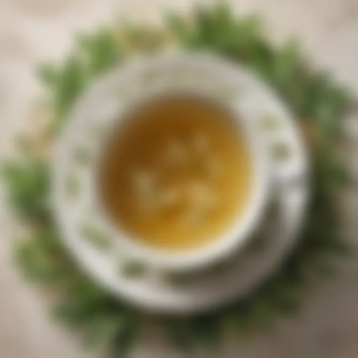 A cup of white tea surrounded by delicate tea leaves