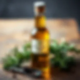 Natural rosemary oil bottle with fresh rosemary sprigs