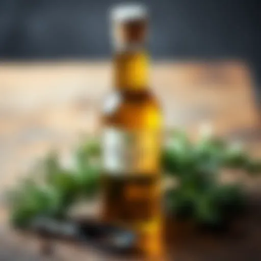 Natural rosemary oil bottle with fresh rosemary sprigs