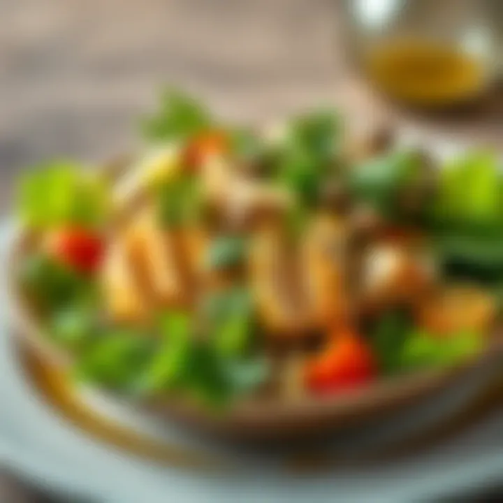 A savory chicken breast salad with fresh greens and dressing