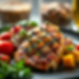 A beautifully plated grilled chicken breast with herbs and vegetables