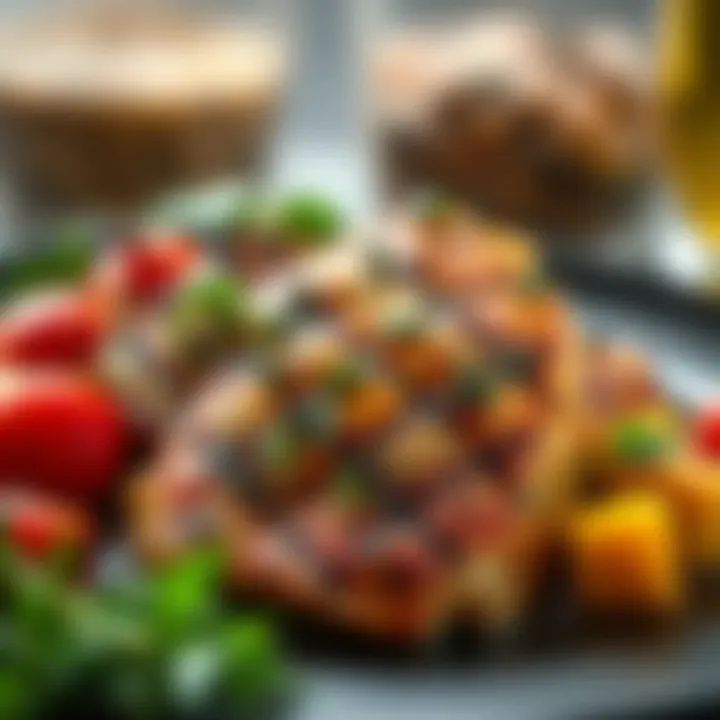 A beautifully plated grilled chicken breast with herbs and vegetables