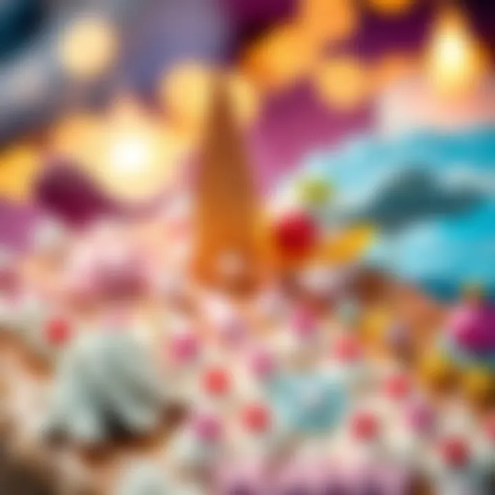 Creative Cake Decorations for a Magical Celebration A close-up of creative cake decorations featuring sparkles and whimsical elements.