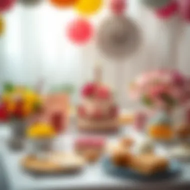 Charming Birthday Table Arrangement A beautifully arranged birthday table featuring a stunning cake and colorful party supplies.