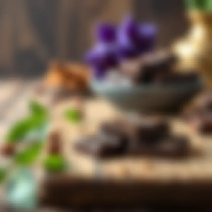 Natural Beauty of Dark Chocolate Dark chocolate on a wooden table with natural elements
