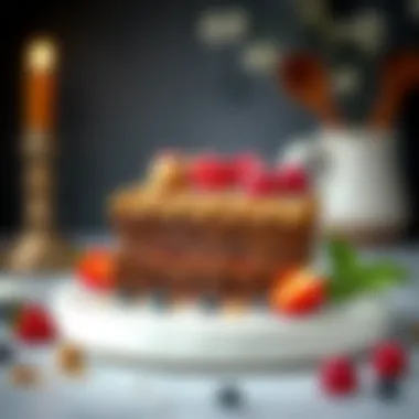 Artistic presentation of brownie cake with gourmet toppings