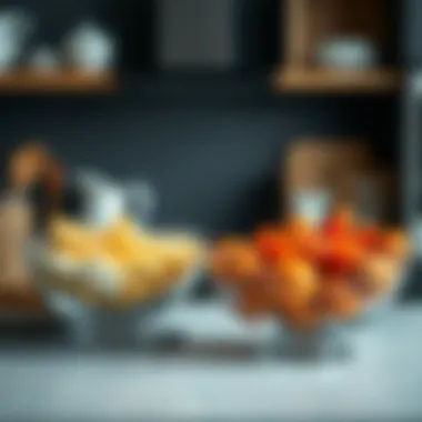 Chic Kitchen Arrangement with Glass Bowls Stylish kitchen setup with glass bowls as centerpieces