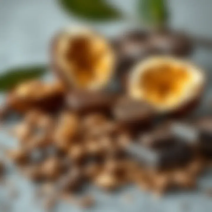 Cocoa beans and chocolate pieces representing different origins