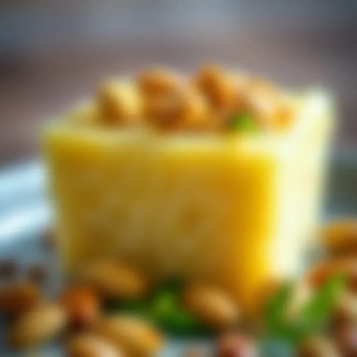 Close-up of semolina halva garnished with pistachios