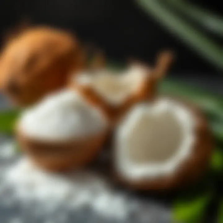 A bowl of coconut sugar next to fresh coconuts