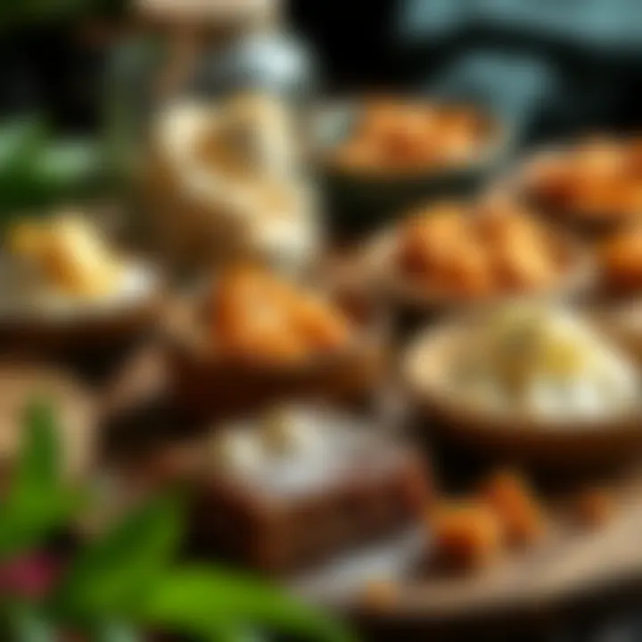 An artistic arrangement of dishes featuring coconut sugar desserts