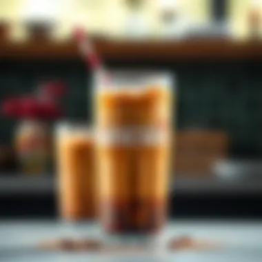 Refreshing Cold Coffee Delight A refreshing glass of cold coffee with ice and a sprinkle of cocoa on top