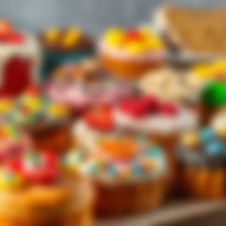 A variety of baked goods showcasing colorful decorations