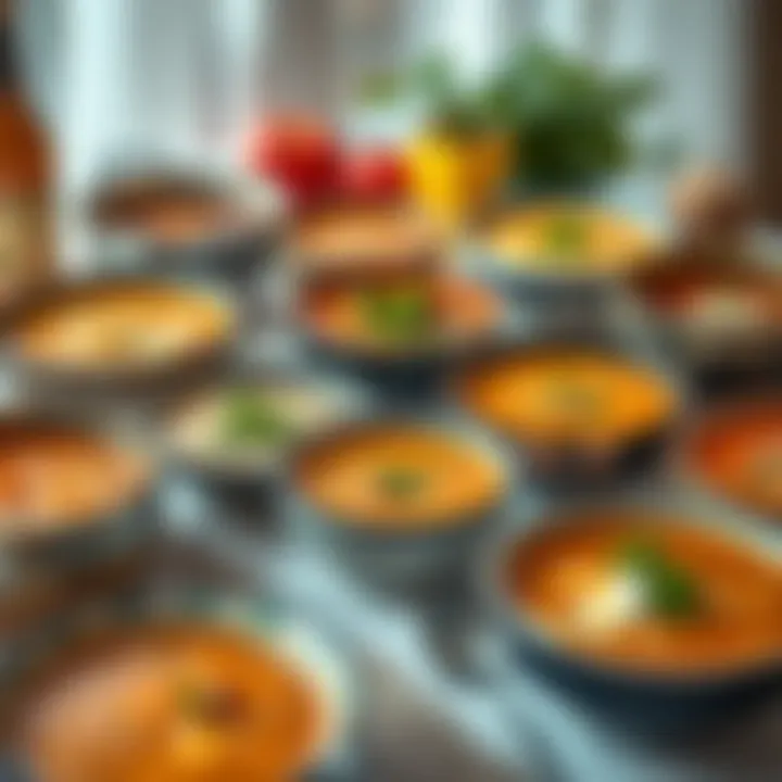 A beautifully arranged table featuring various types of Turkish soups
