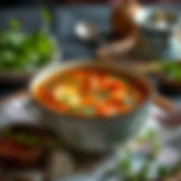 A bowl of traditional Turkish soup served with fresh herbs