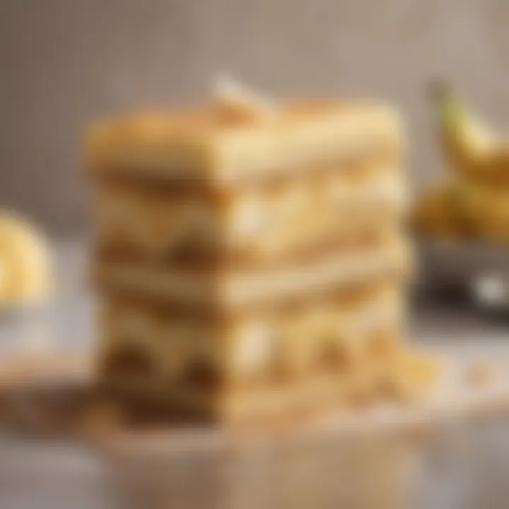 Close-up of a creamy dessert with biscuit and banana layers