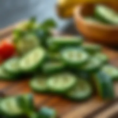 Close-up of cucumber slices on a wooden board